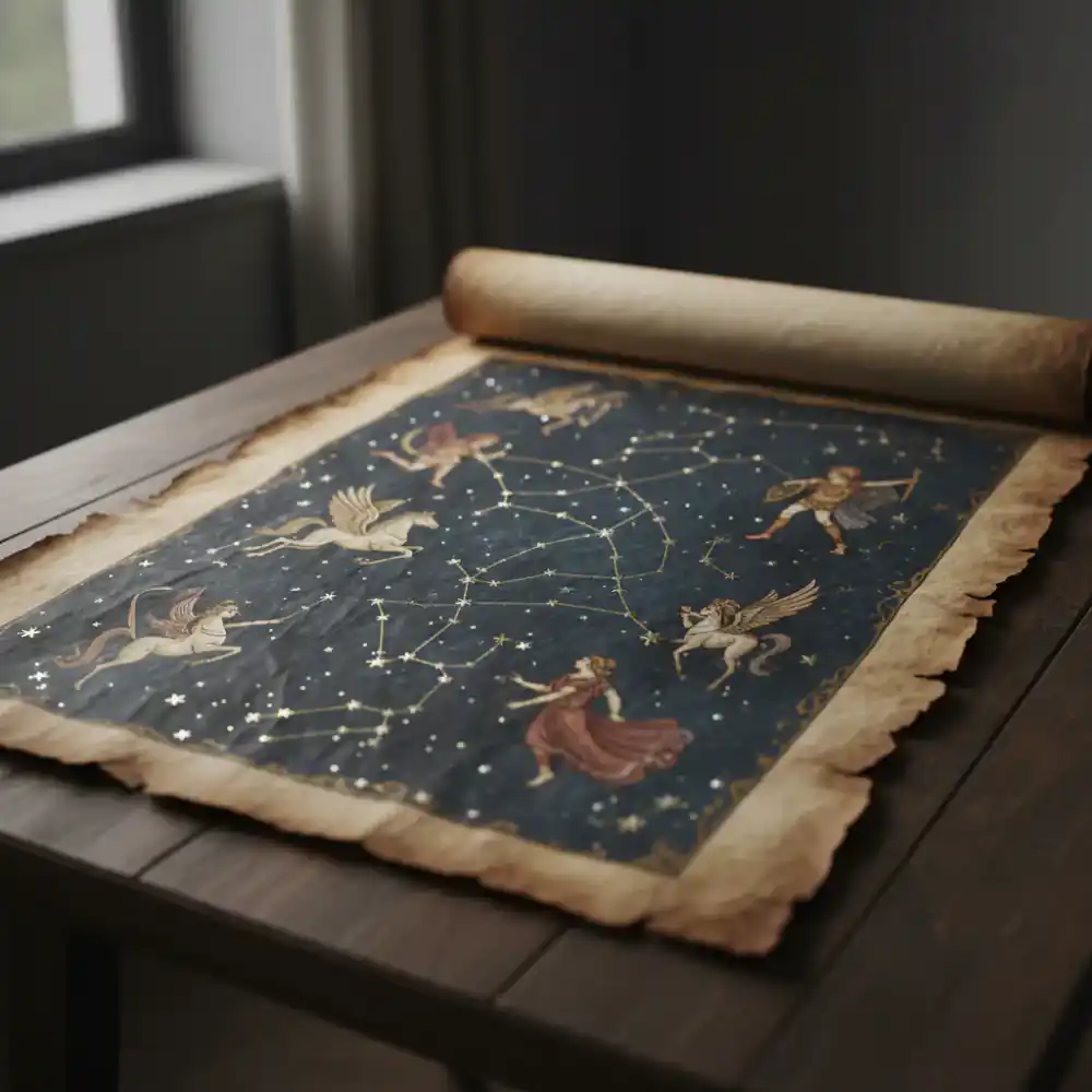 Antique celestial chart with stars and constellations