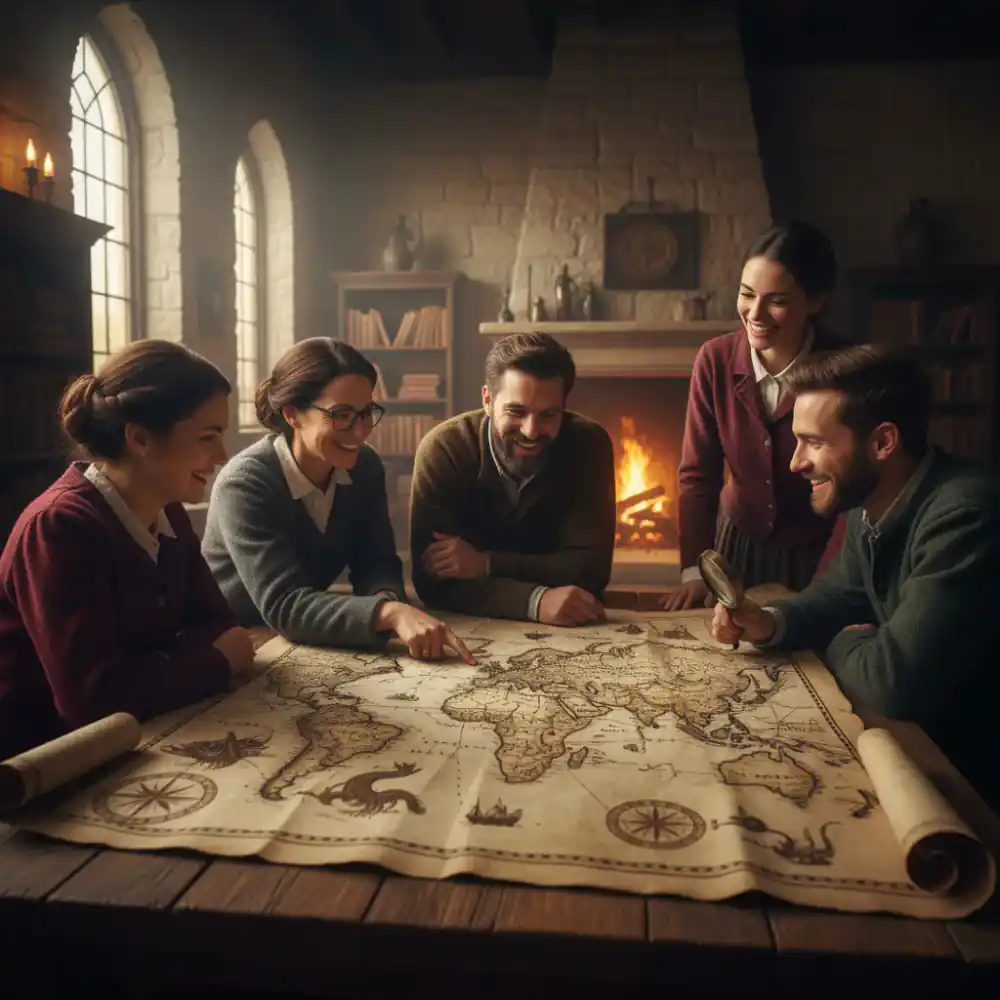 A group of smiling map enthusiasts examining a large vintage map together, fostering a sense of community.