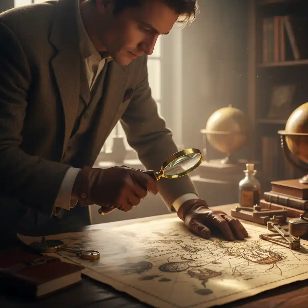 A person carefully examining an antique map with a magnifying glass