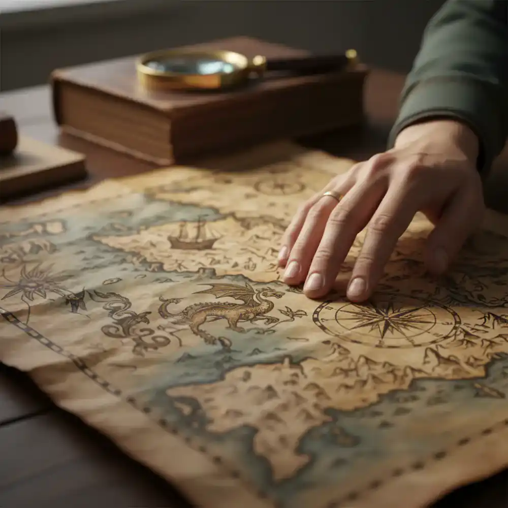 A hand gently inspecting the details of an old map, signifying authentication.