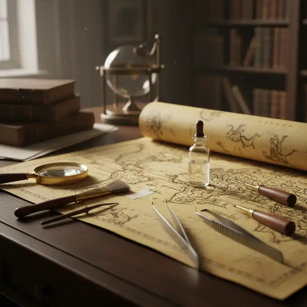 A conservator's tools near a vintage map, representing careful restoration.