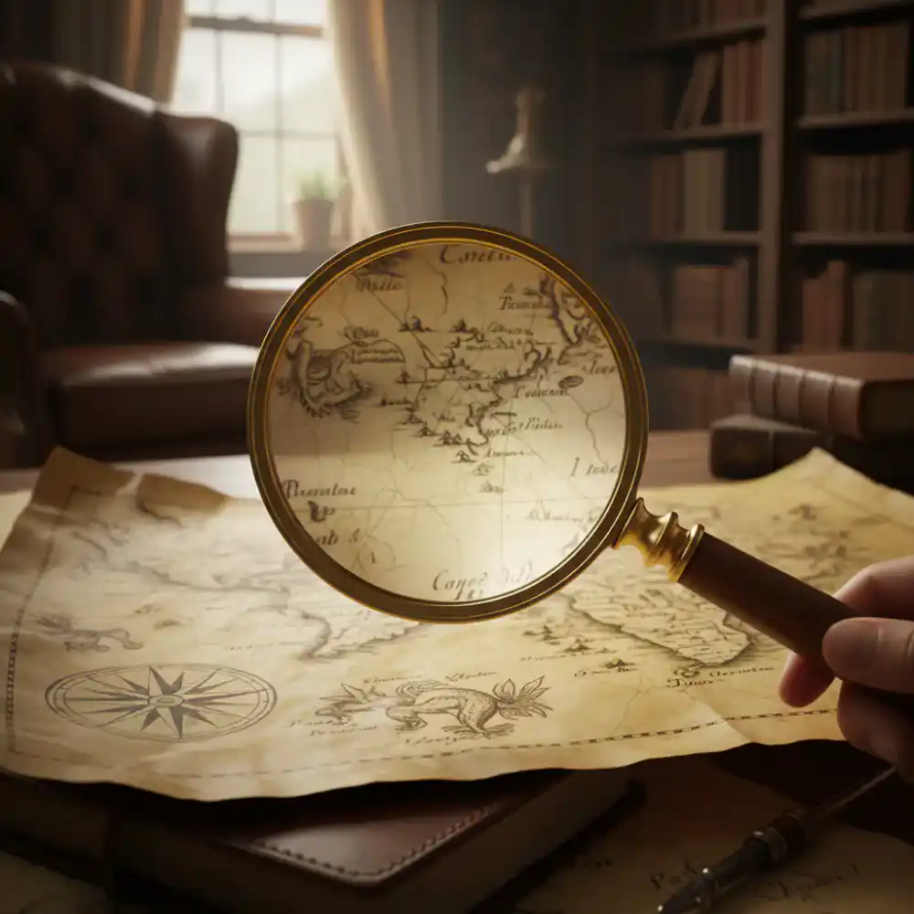 Magnifying glass examining an old map, symbolizing careful sourcing.