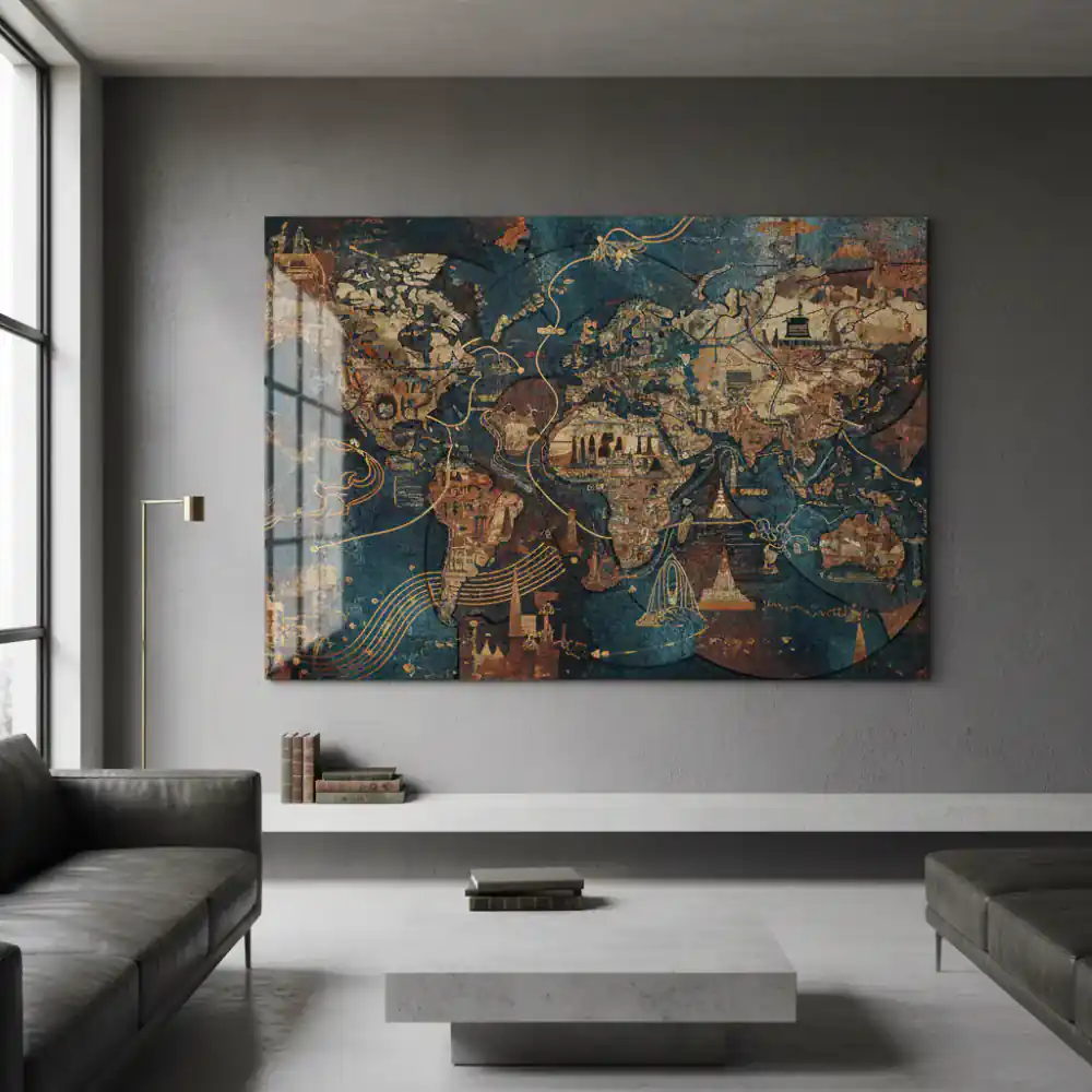Stylized map art on a modern wall, blending history and decor