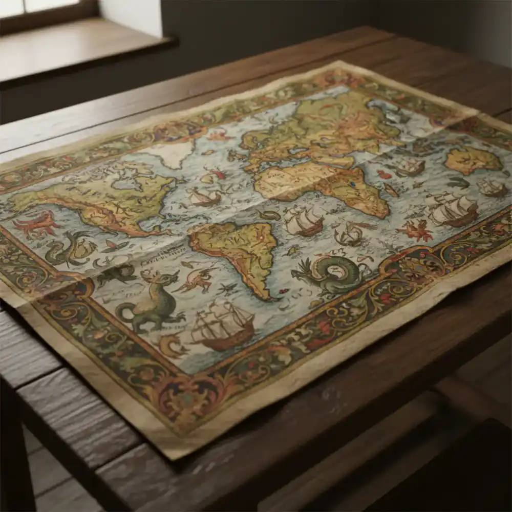 Global atlas page from 17th century with colorful illustrations