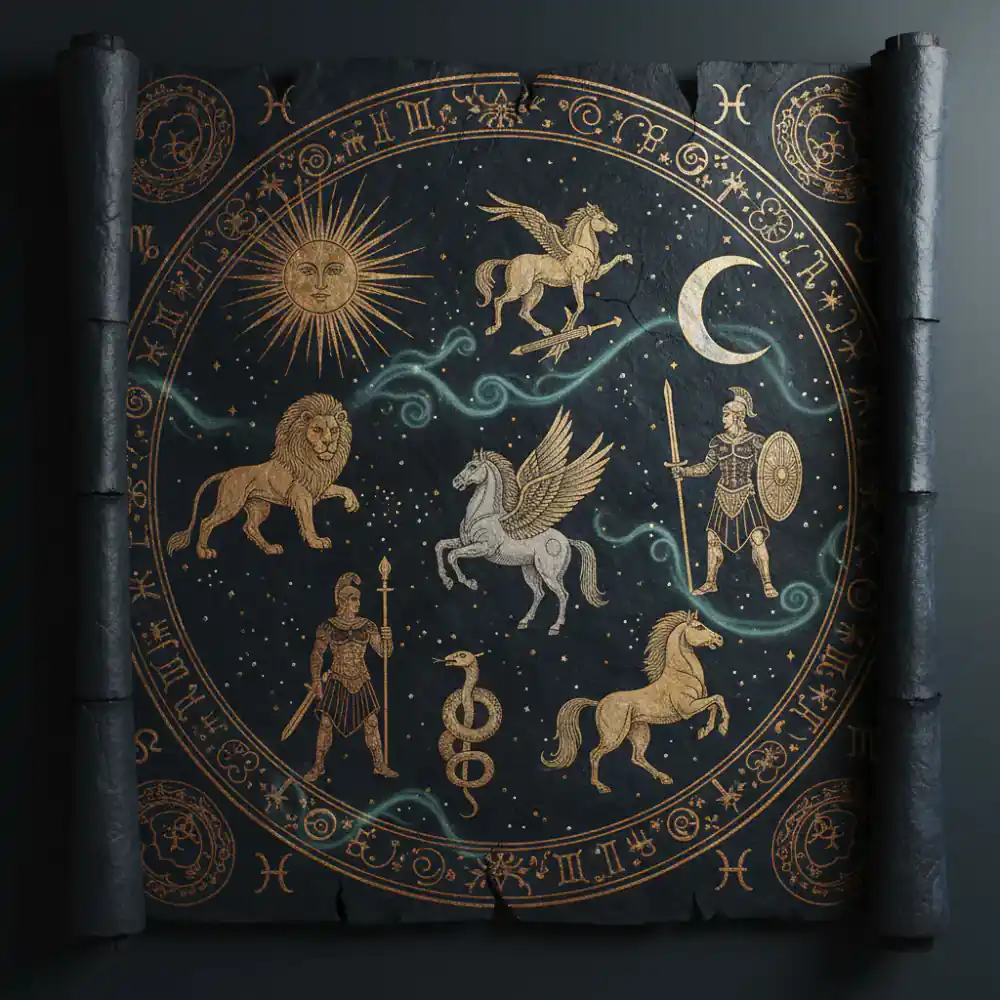 Detailed star chart from ancient times with constellations