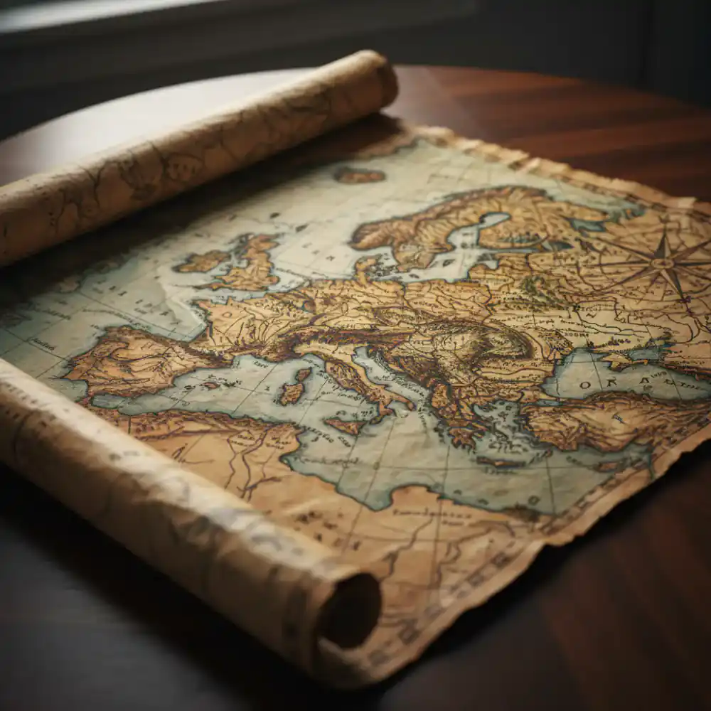 An intricately detailed antique map of Europe