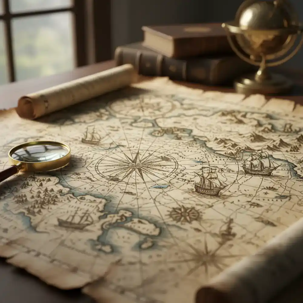 Detailed close-up of an antique nautical map with intricate lines