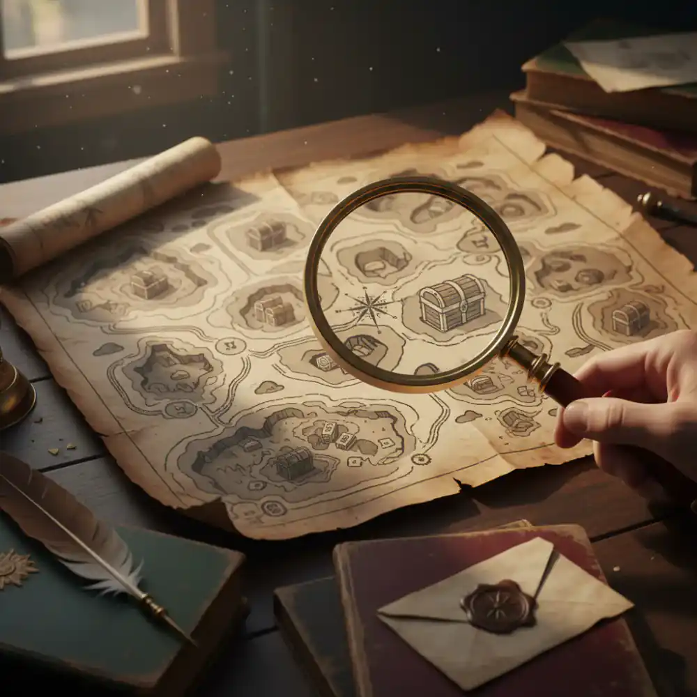 Vintage map spread open with a magnifying glass, depicting MapVault's story and heritage.
