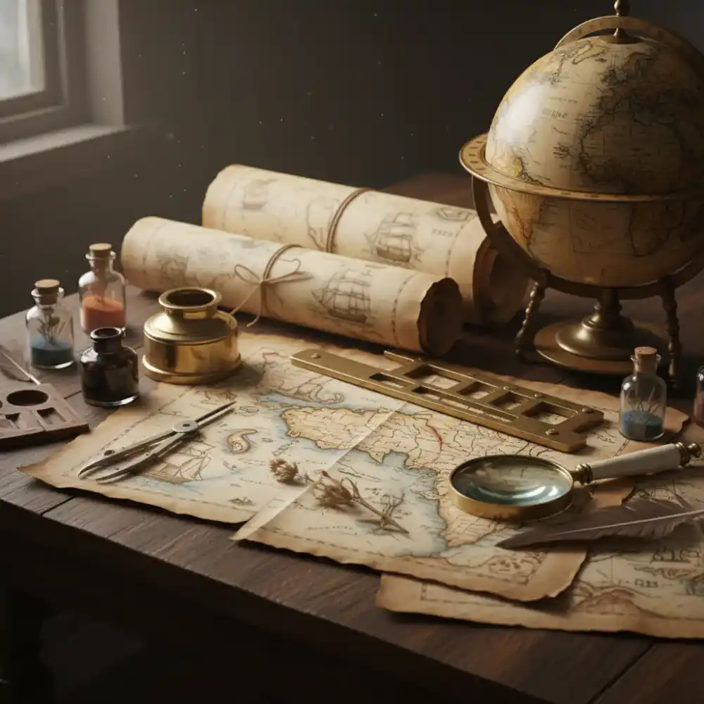 A collection of antique maps and cartographic tools