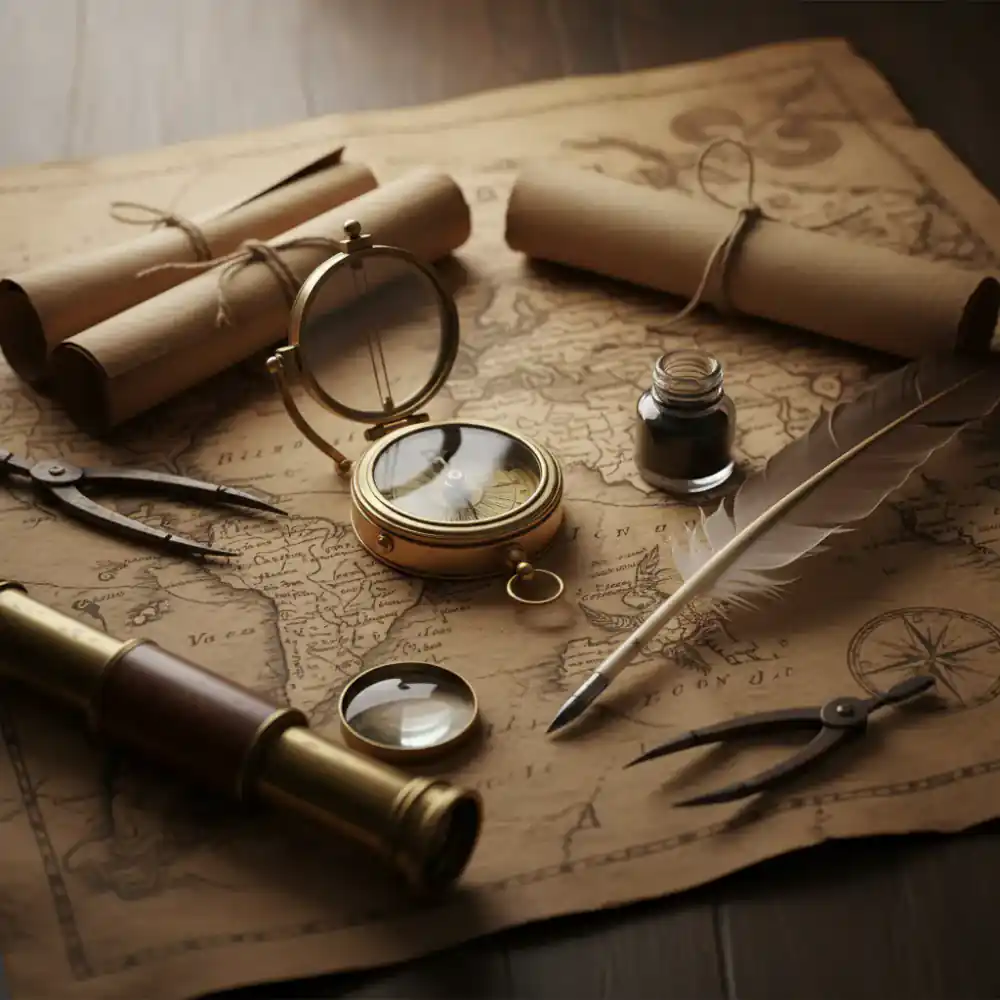 Antique cartography tools including a compass and quill on a vintage map
