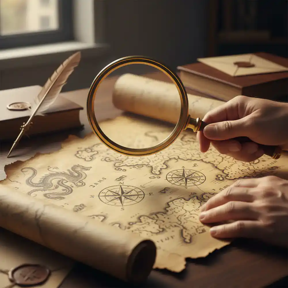 Hands examining an old map with a magnifying glass